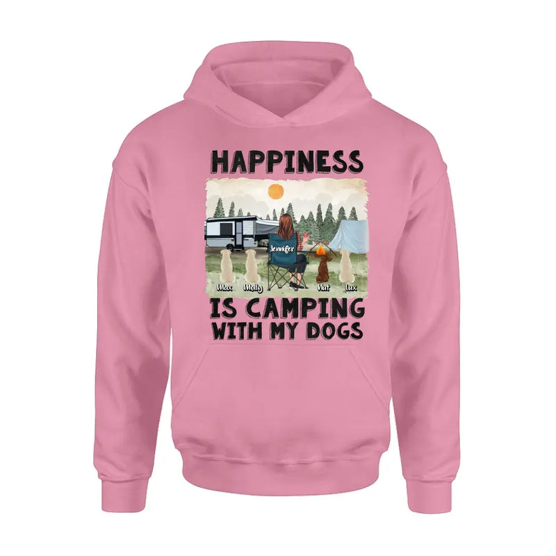 Personalized Camping Shirt/Hoodie - Gift Idea For Girl & Dogs - Up to 4 Dogs - Happiness Is Camping With My Dogs