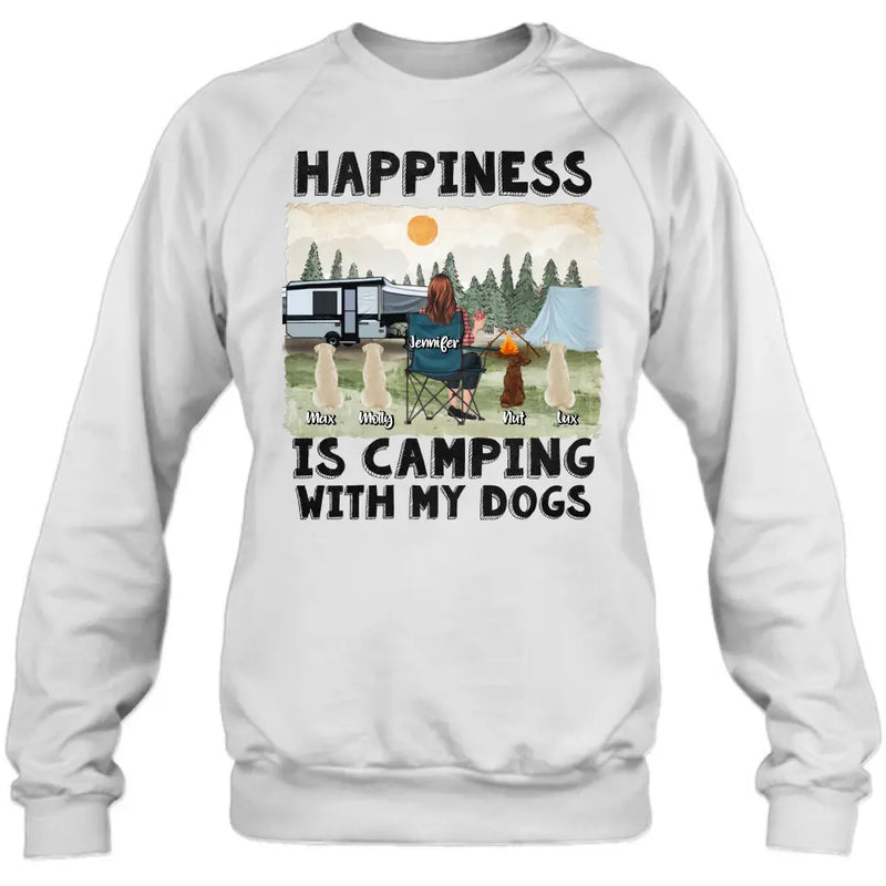 Personalized Camping Shirt/Hoodie - Gift Idea For Girl & Dogs - Up to 4 Dogs - Happiness Is Camping With My Dogs