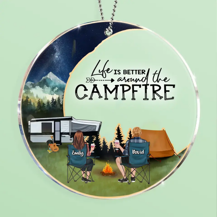 Custom Personalized Moon Camping Circle Acrylic Ornament - Couple/ Parents With Upto 2 Kids And 3 Pets - Christmas Gift Idea For Camping Lover/ Family - Life Is Better Around The Campfire