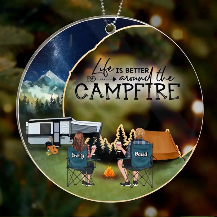 Custom Personalized Moon Camping Circle Acrylic Ornament - Couple/ Parents With Upto 2 Kids And 3 Pets - Christmas Gift Idea For Camping Lover/ Family - Life Is Better Around The Campfire