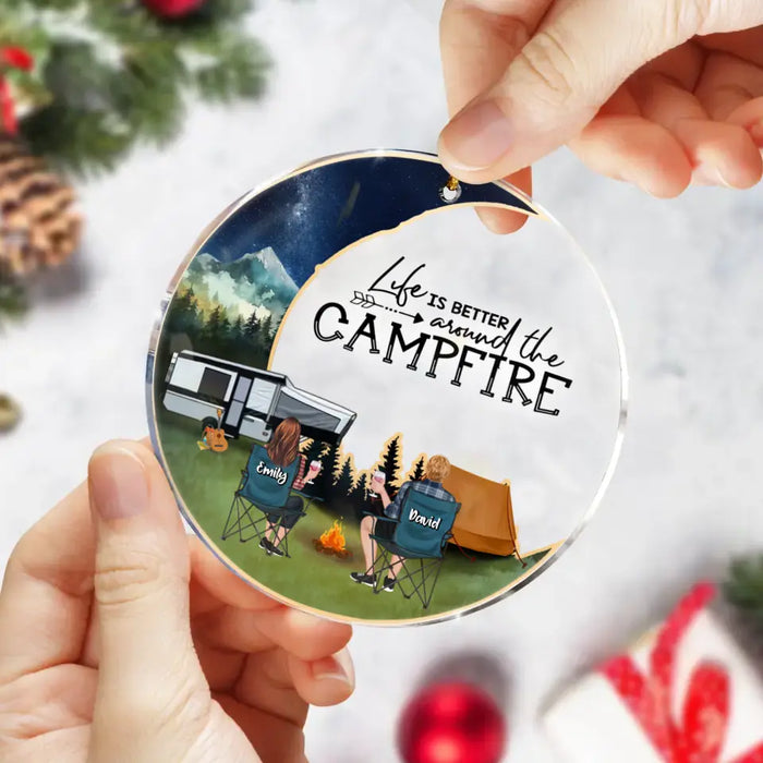 Custom Personalized Moon Camping Circle Acrylic Ornament - Couple/ Parents With Upto 2 Kids And 3 Pets - Christmas Gift Idea For Camping Lover/ Family - Life Is Better Around The Campfire