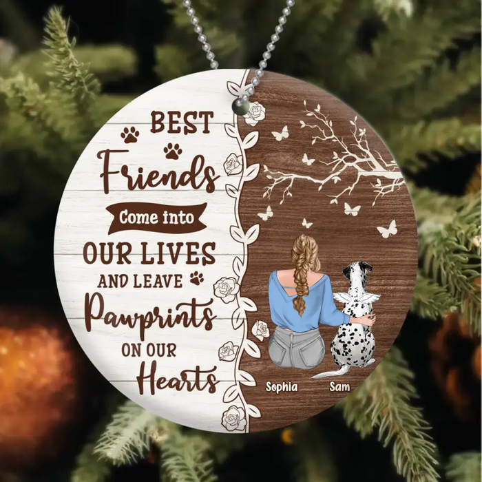 Custom Personalized Memorial Dog Circle Wooden Ornament - Up to 3 Pets - Memorial Gift Idea For Dog/Cat Lover - Best Friends Come Into Our Lives And Leave Paw Prints On Our Hearts