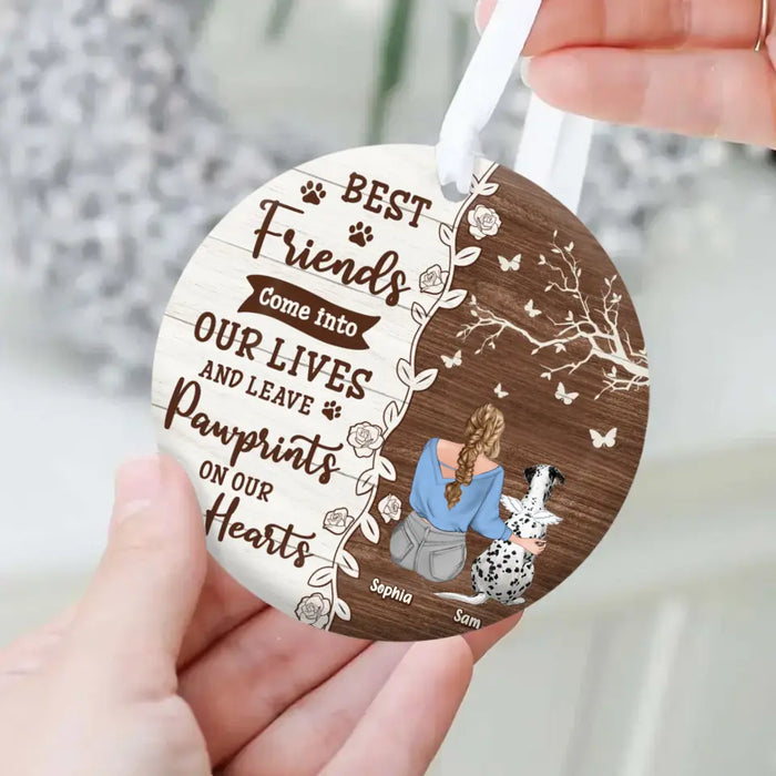 Custom Personalized Memorial Dog Circle Wooden Ornament - Up to 3 Pets - Memorial Gift Idea For Dog/Cat Lover - Best Friends Come Into Our Lives And Leave Paw Prints On Our Hearts