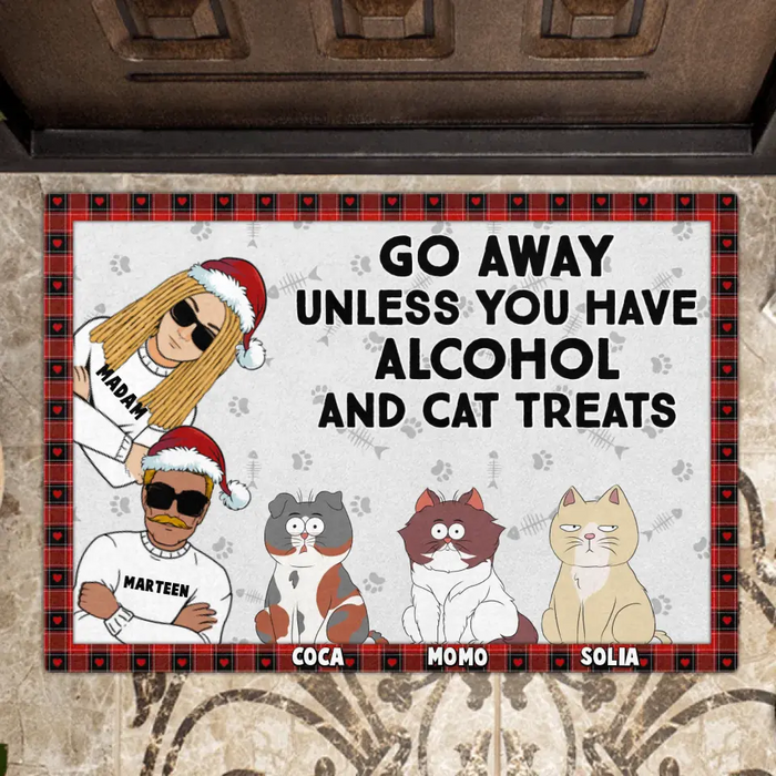 Personalized Couple Doormat - Upto 4 Cats - Gift Idea for Couple/Cat Owners - Go Away Unless You Have Alcohol And Cat Treats