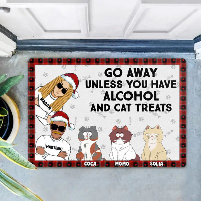 Personalized Couple Doormat - Upto 4 Cats - Gift Idea for Couple/Cat Owners - Go Away Unless You Have Alcohol And Cat Treats