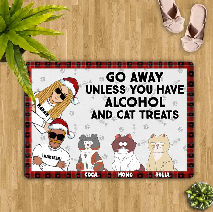 Personalized Couple Doormat - Upto 4 Cats - Gift Idea for Couple/Cat Owners - Go Away Unless You Have Alcohol And Cat Treats