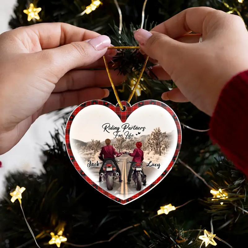 Personalized Motorcycle Couple Heart Acrylic Ornament - Gift Idea For Couple/Motorbike Lovers - Riding Partners For Life