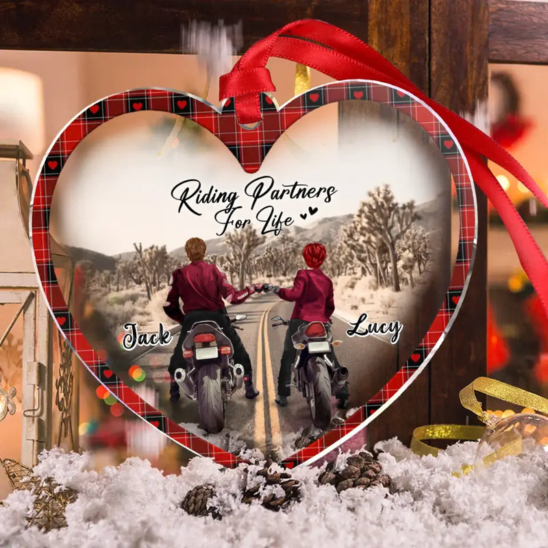 Personalized Motorcycle Couple Heart Acrylic Ornament - Gift Idea For Couple/Motorbike Lovers - Riding Partners For Life
