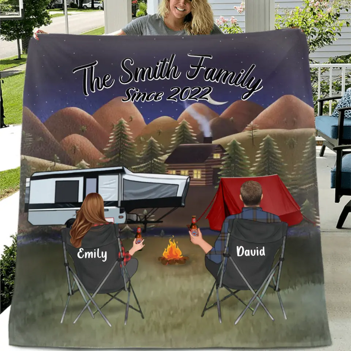 Custom Camping Quilt/Single Layer Fleece Blanket - Gift Idea For Couple, Camping Lovers, Family - Upto 3 Kids, 3 Pets - The Smith Family