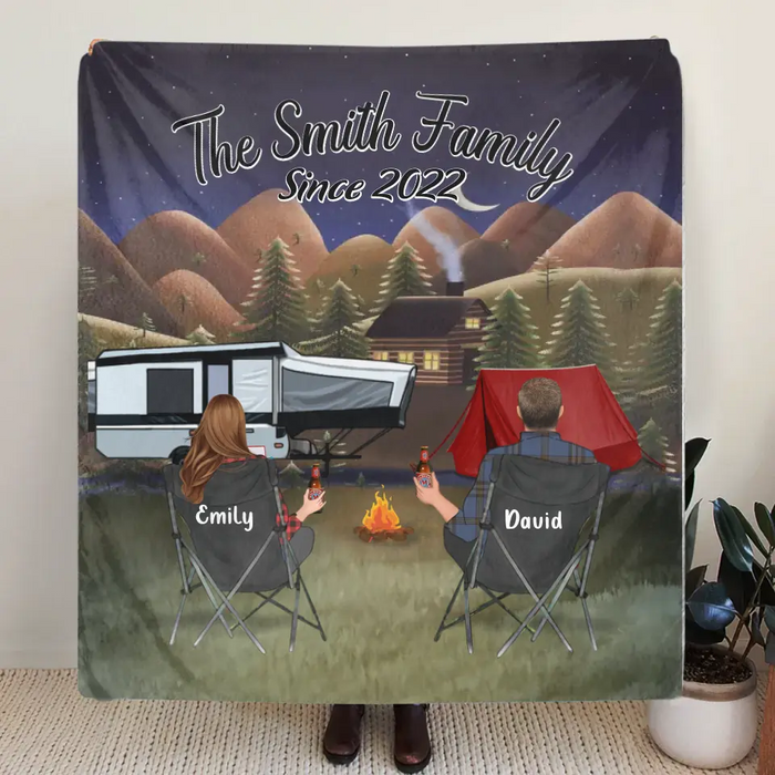 Custom Camping Quilt/Single Layer Fleece Blanket - Gift Idea For Couple, Camping Lovers, Family - Upto 3 Kids, 3 Pets - The Smith Family