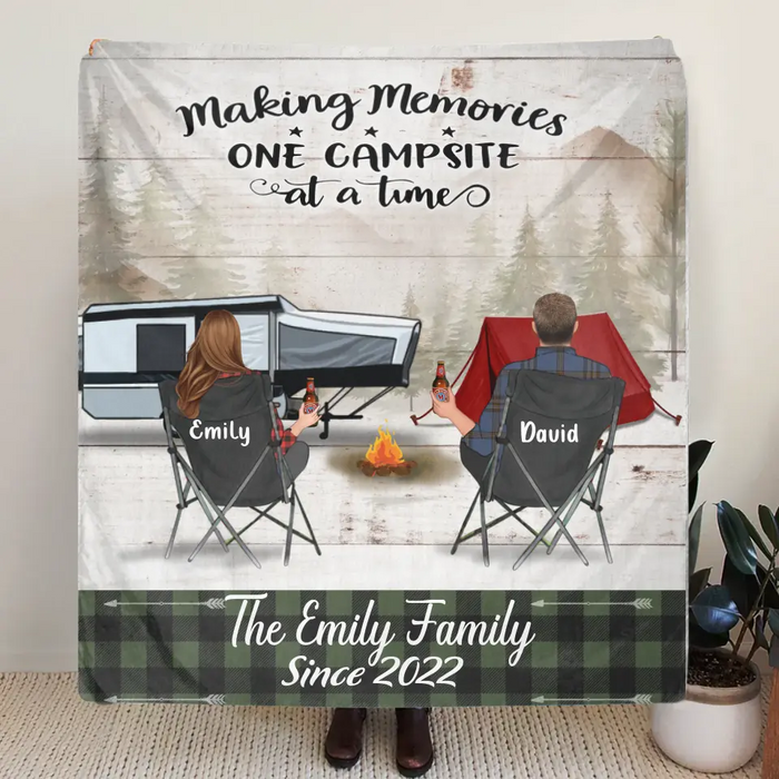 Custom Camping Quilt/Single Layer Fleece Blanket - Gift Idea For Couple, Camping Lovers, Family - Upto 3 Kids, 3 Pets - Making Memories One Campsite At A Time