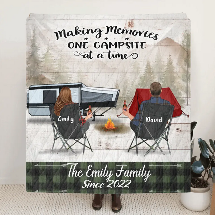Custom Camping Quilt/Single Layer Fleece Blanket - Gift Idea For Couple, Camping Lovers, Family - Upto 3 Kids, 3 Pets - Making Memories One Campsite At A Time