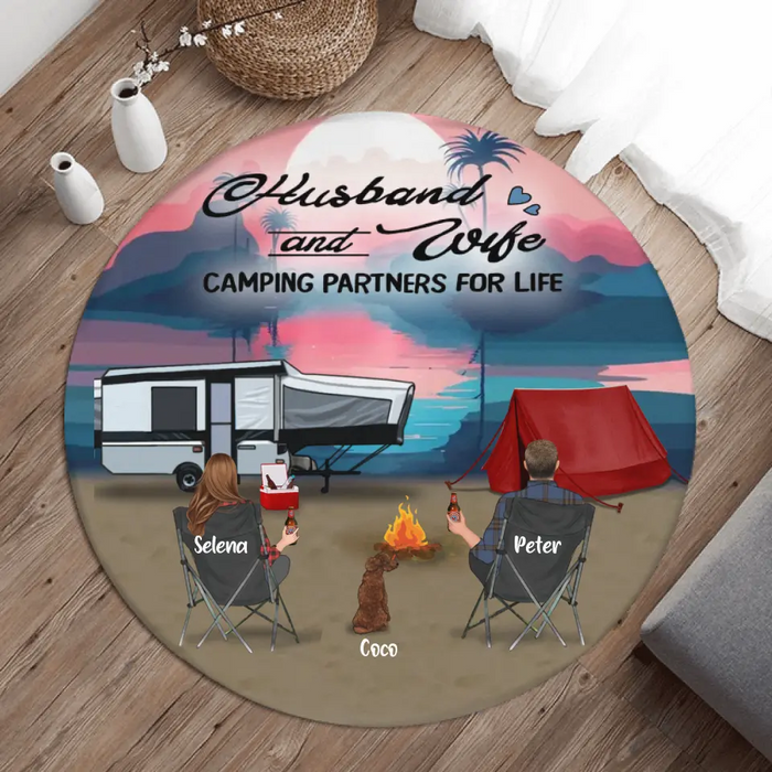 Personalized Camping Round Rug - Single Parents/Couple With Upto 4 Kids And 4 Pets - Gift Idea For Camping Lovers - Husband And Wife Camping Partners For Life