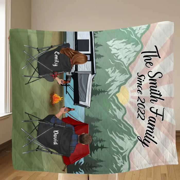 Custom Camping Quilt/Single Layer Fleece Blanket - Gift Idea For Couple, Camping Lovers, Family - Upto 3 Kids, 3 Pets - The Smith Family Since 2022