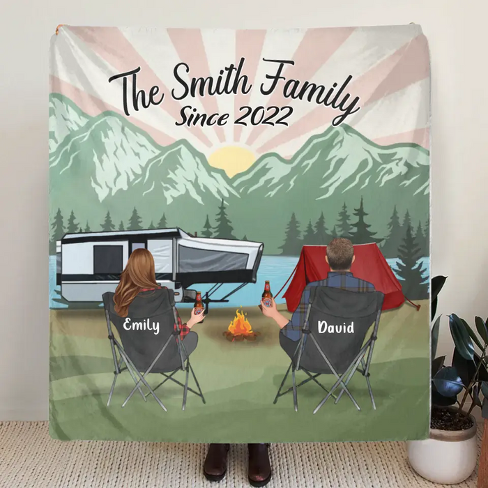Custom Camping Quilt/Single Layer Fleece Blanket - Gift Idea For Couple, Camping Lovers, Family - Upto 3 Kids, 3 Pets - The Smith Family Since 2022
