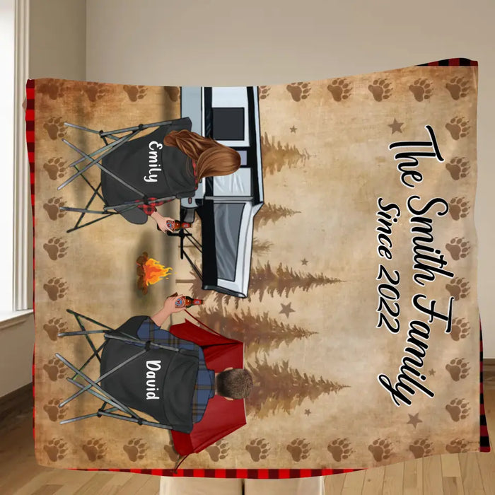 Custom Camping Quilt/Single Layer Fleece Blanket - Gift Idea For Couple, Camping Lovers, Family - Upto 3 Kids, 3 Pets