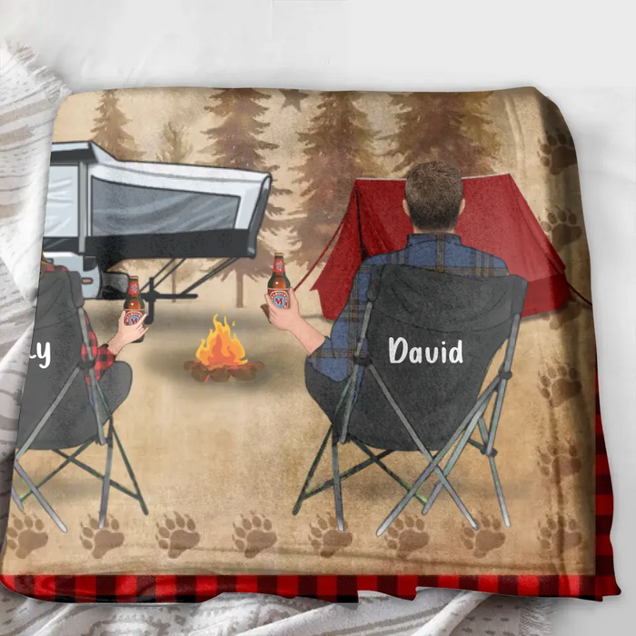 Custom Camping Quilt/Single Layer Fleece Blanket - Gift Idea For Couple, Camping Lovers, Family - Upto 3 Kids, 3 Pets