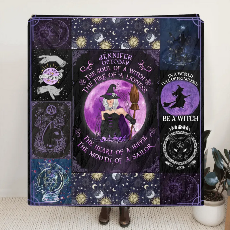 Personalized Witch Fleece Throw Blanket/Quilt - Halloween Gift Idea For Witch Lovers - October Woman The Soul of A Witch The Fire Of A Lioness
