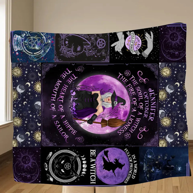Personalized Witch Fleece Throw Blanket/Quilt - Halloween Gift Idea For Witch Lovers - October Woman The Soul of A Witch The Fire Of A Lioness
