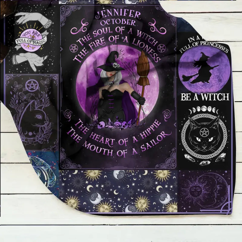 Personalized Witch Fleece Throw Blanket/Quilt - Halloween Gift Idea For Witch Lovers - October Woman The Soul of A Witch The Fire Of A Lioness