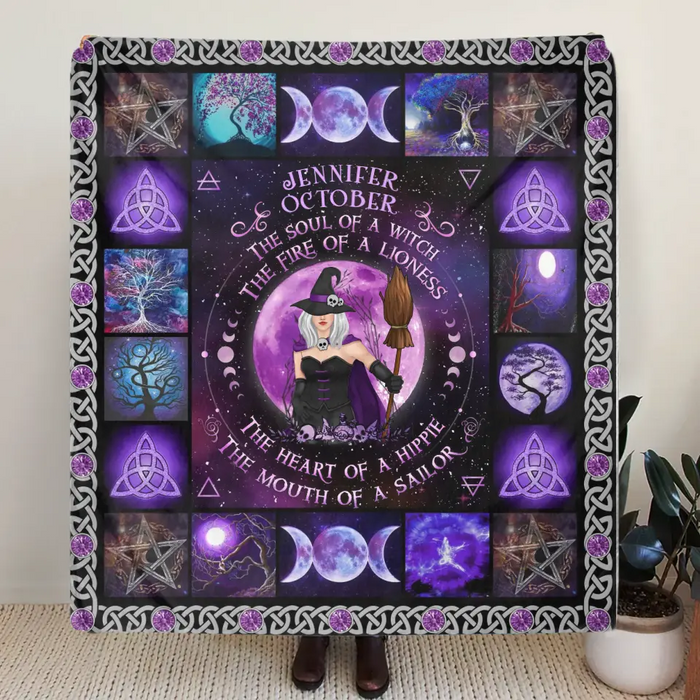 Personalized Witch Quilt/Fleece Blanket - Halloween Gift Idea For Witch Lovers - October Woman The Soul of A Witch The Fire Of A Lioness