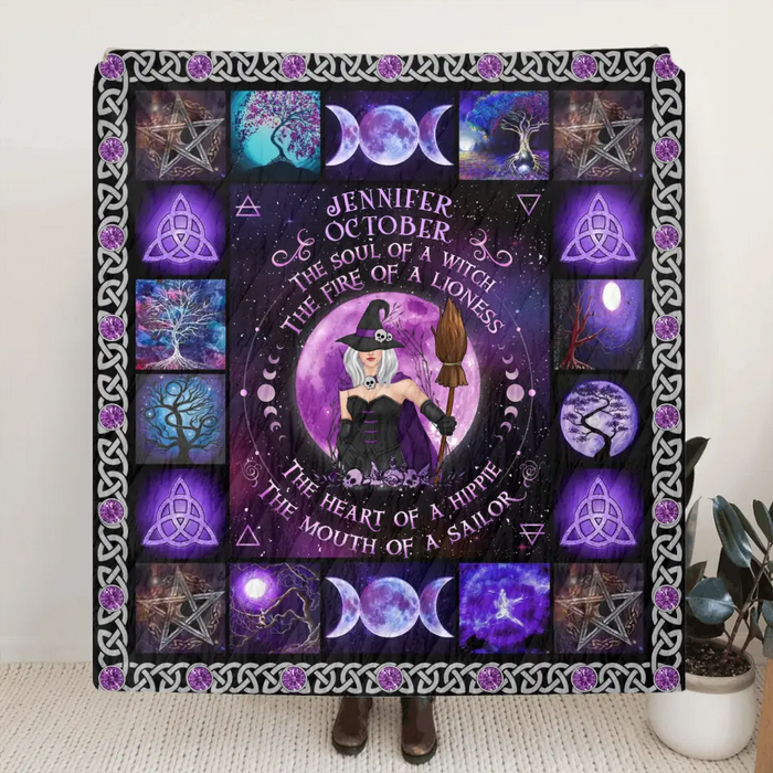 Personalized Witch Quilt/Fleece Blanket - Halloween Gift Idea For Witch Lovers - October Woman The Soul of A Witch The Fire Of A Lioness