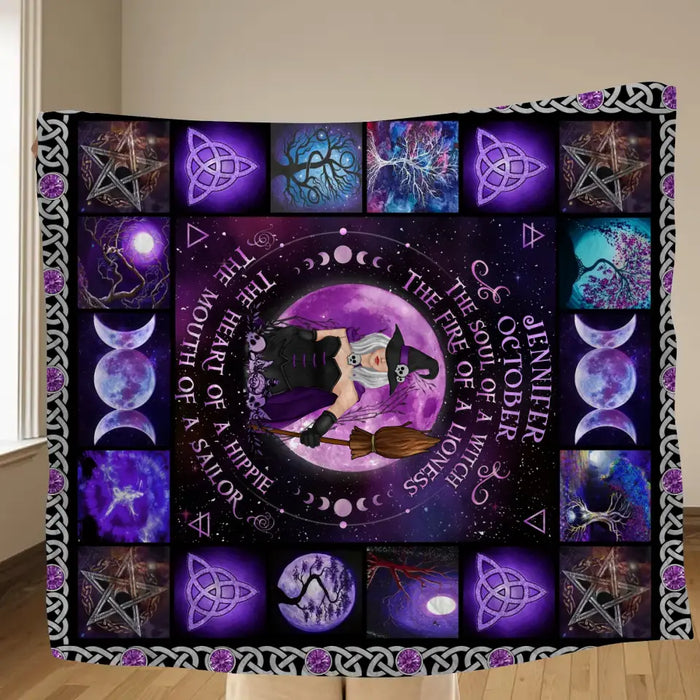 Personalized Witch Quilt/Fleece Blanket - Halloween Gift Idea For Witch Lovers - October Woman The Soul of A Witch The Fire Of A Lioness