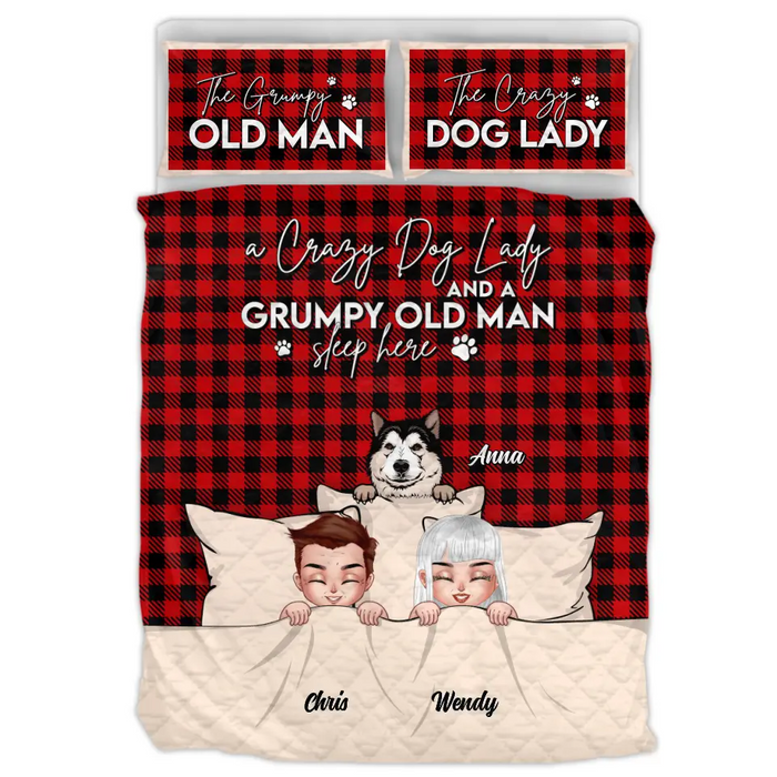 Custom Personalized Couple Quilt Bed Sets - Upto 5 Dogs/Cats - Gift Idea For Dog/Cat Lovers/Couple - A Crazy Dog Lady And A Grumpy Old Man Sleep Here