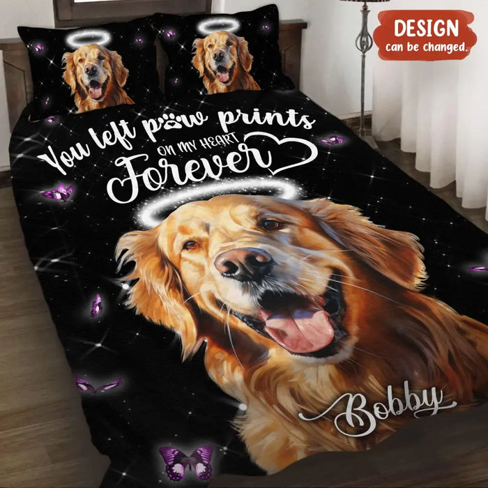 Custom Personalized Memorial Pet Quilt Bed Set - Custom Pet Portrait - Memorial Gift Idea For Dog/Cat Lover - You Left Paw Prints On My Heart Forever