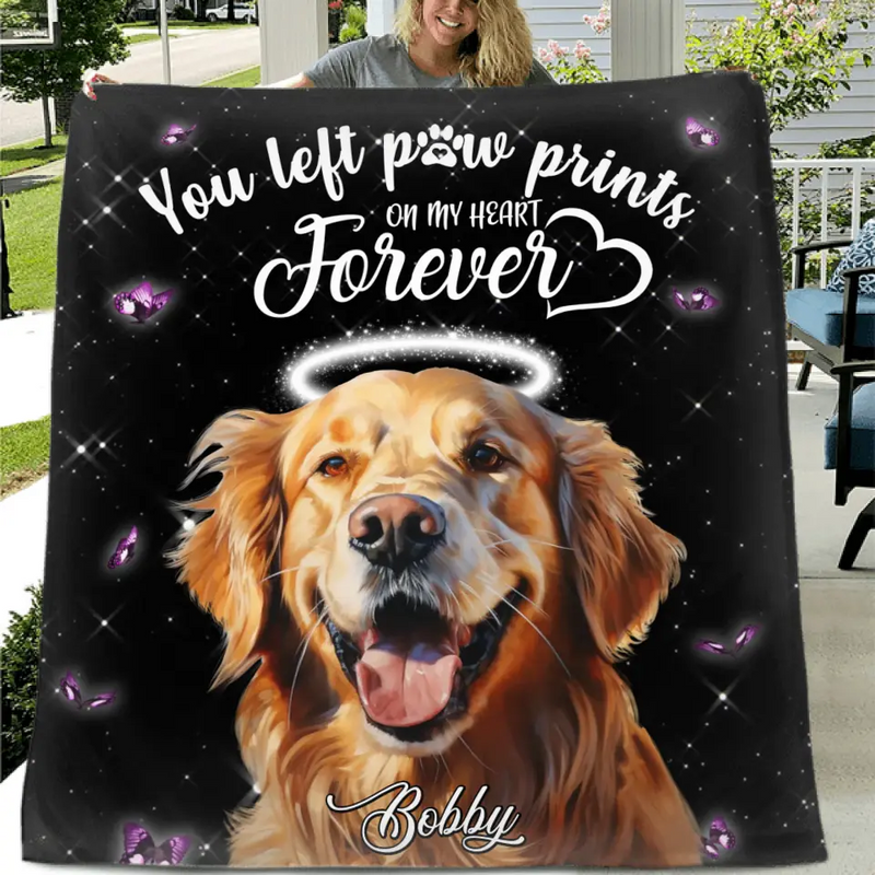 Personalized Memorial Pet Photo Fleece Throw Blanket - Custom Pet Portrait - Memorial Gift Idea For Dog/Cat Lover - You Left Paw Prints On My Heart Forever