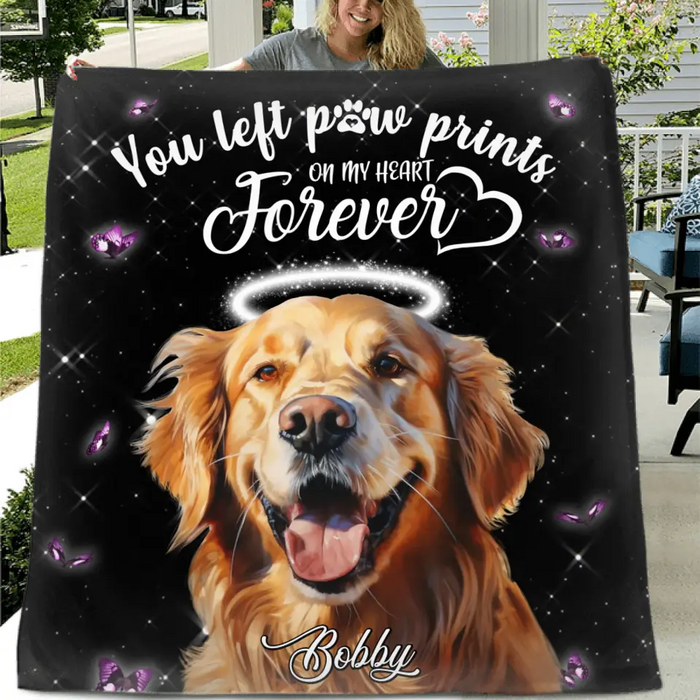 Custom Personalized Memorial Pet Photo Single Layer Fleece Blanket - Custom Pet Portrait - Memorial Gift Idea For Dog/Cat Lover - You Left Paw Prints On My Heart Forever