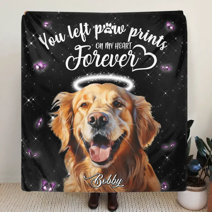 Custom Personalized Memorial Pet Photo Single Layer Fleece Blanket - Custom Pet Portrait - Memorial Gift Idea For Dog/Cat Lover - You Left Paw Prints On My Heart Forever