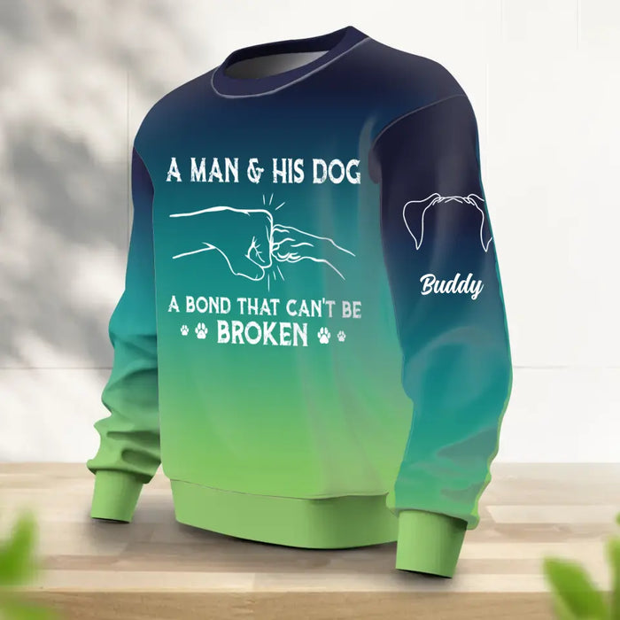 Custom Personalized Dog Dad Blue and Green Ombre Sweater - Up to 3 Dogs - Christmas Gift for Dog Lovers - A Man & His Dog A Bond That Can't Be Broken