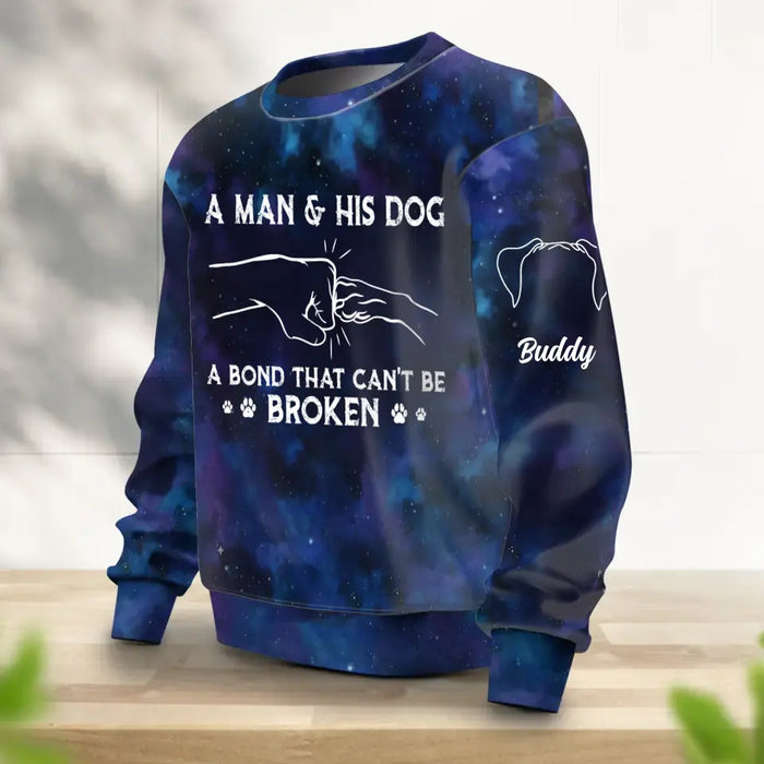Custom Personalized Dog Dad Galaxy Black Blue  Sweater - Up to 3 Dogs - Christmas Gift for Dog Lovers - A Man & His Dog A Bond That Can't Be Broken