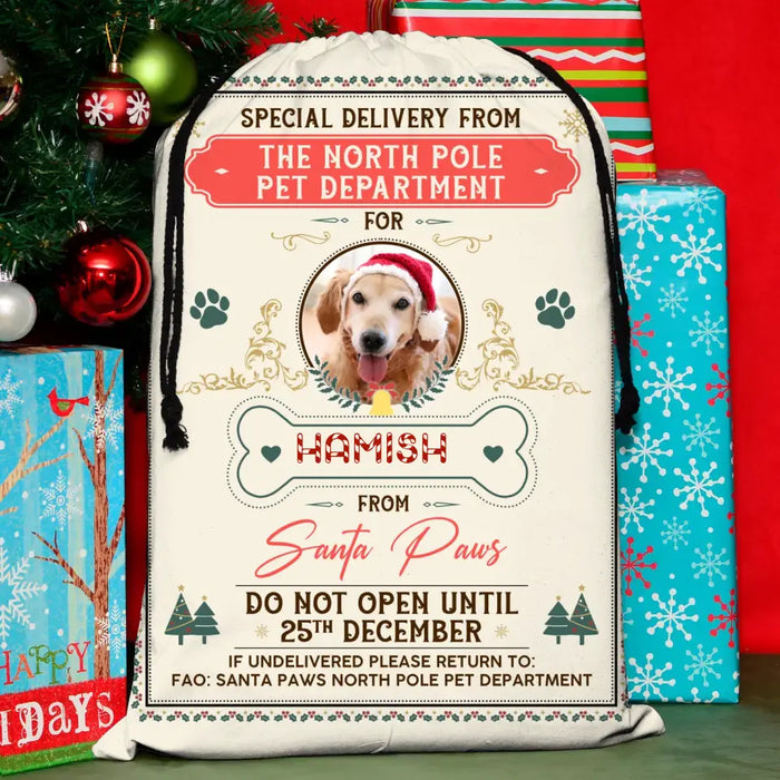 Custom Upload Pet Photo Santa Sack - Gift Idea For Christmas/Pet Lovers - Special Delivery From The North Pole Pet Department