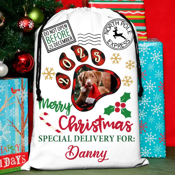 Custom Upload Pet Photo Santa Sack - Gift Idea For Christmas/Pet Lovers - Merry Christmas Special Delivery For Pet's Name