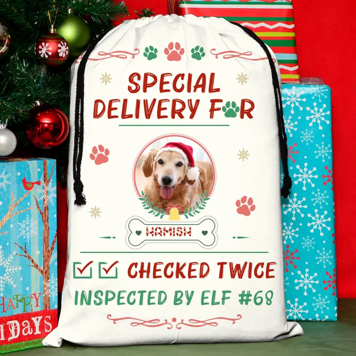 Custom Upload Pet Photo Santa Sack - Gift Idea For Christmas/Pet Lovers - Checked Twice Inspected By ELF#68