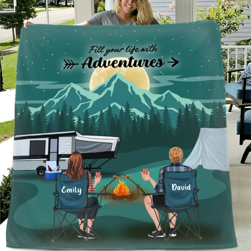 Custom Camping Quilt/Fleece Throw Blanket - Gift Idea For Couple, Camping Lovers, Family - Up to 5 Kids, 4 Pets - Fill Your Life With Adventures