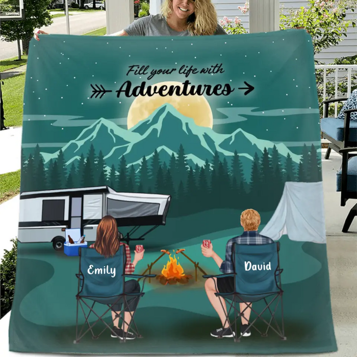 Custom Camping Quilt/Single Layer Fleece Blanket - Gift Idea For Couple, Camping Lovers, Family - Upto 5 Kids, 4 Pets - Fill Your Life With Adventures