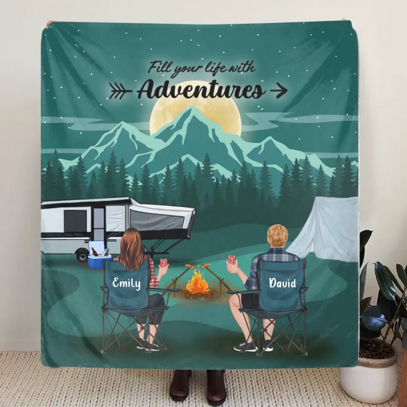 Custom Camping Quilt/Fleece Throw Blanket - Gift Idea For Couple, Camping Lovers, Family - Up to 5 Kids, 4 Pets - Fill Your Life With Adventures