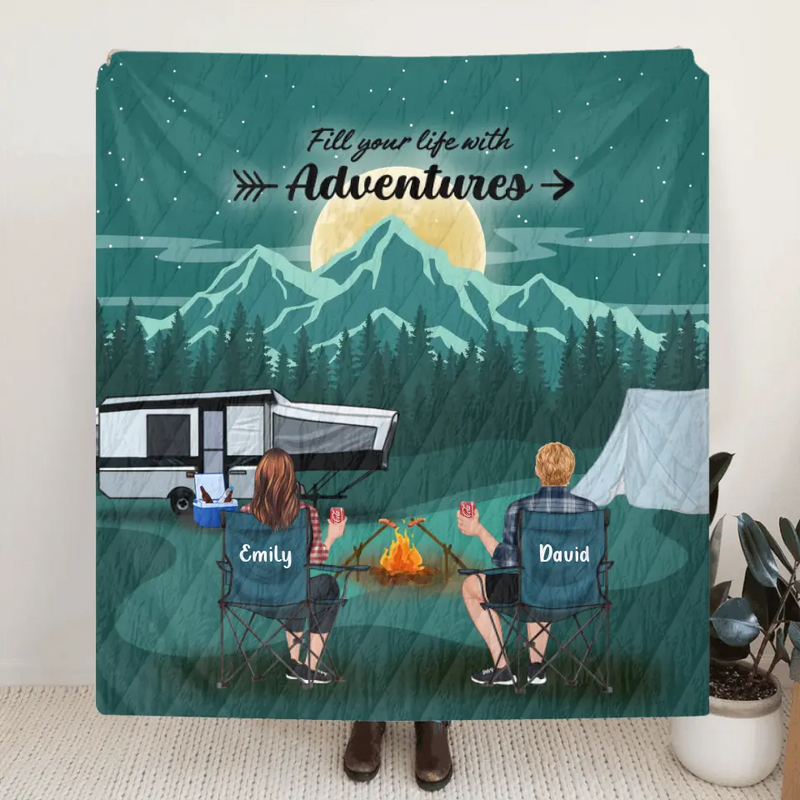 Custom Camping Quilt/Fleece Throw Blanket - Gift Idea For Couple, Camping Lovers, Family - Up to 5 Kids, 4 Pets - Fill Your Life With Adventures