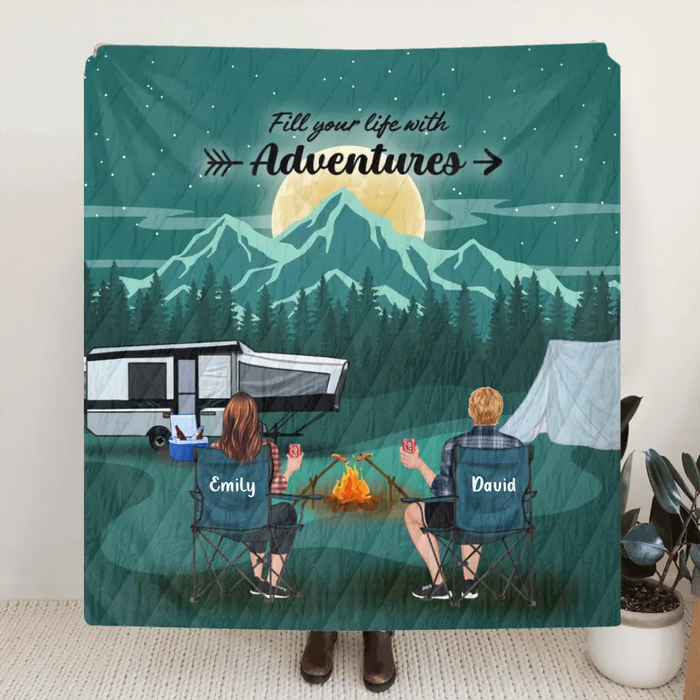 Custom Camping Quilt/Single Layer Fleece Blanket - Gift Idea For Couple, Camping Lovers, Family - Upto 5 Kids, 4 Pets - Fill Your Life With Adventures