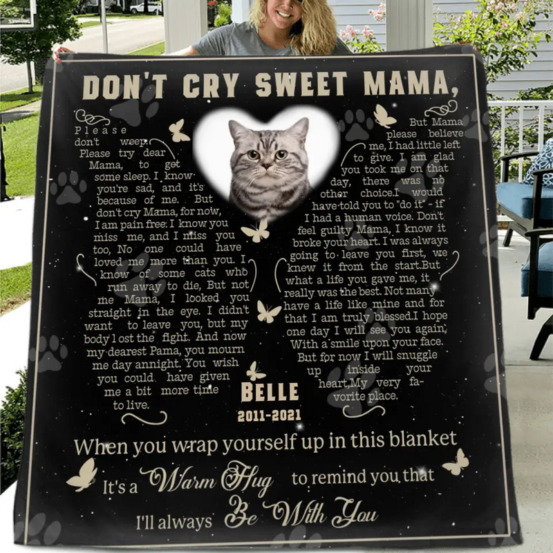Personalized Memorial Fleece Throw Blanket/Quilt - Memorial Gift Idea For Pet Lover - Upload Photo - Don't Cry Sweet Mama