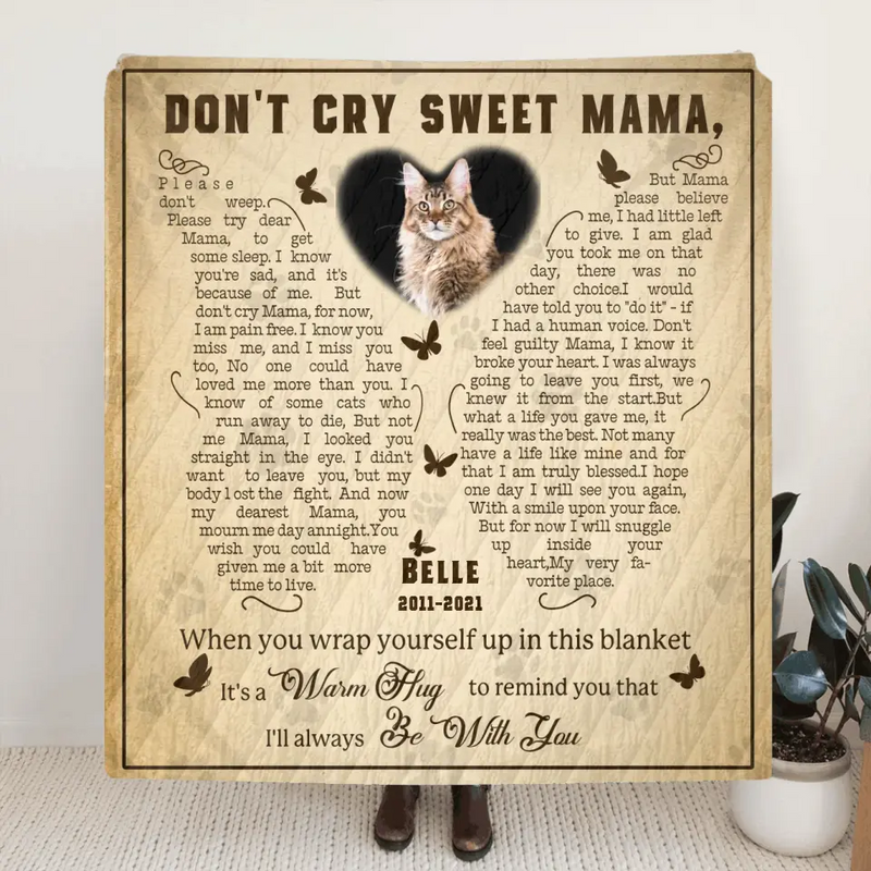 Personalized Memorial Fleece Throw Blanket/Quilt - Memorial Gift Idea For Pet Lover - Upload Photo - Don't Cry Sweet Mama