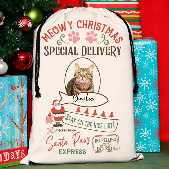 Custom Upload Cat Photo Santa Sack - Gift Idea For Christmas/Cat Lovers - Meowy Christmas Stay On The Nice List