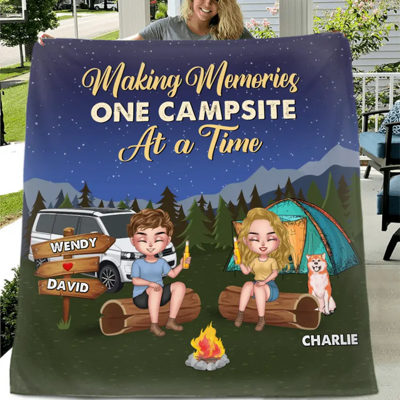 Personalized Camping Fleece Throw Blanket/Quilt - Gift Idea For Couple/Dog Lovers - Making Memories One Campsite At A Time