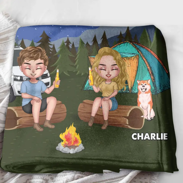 Personalized Camping Quilt/Single Layer Fleece Blanket - Gift Idea For Couple/Dog Lovers - Making Memories One Campsite At A Time