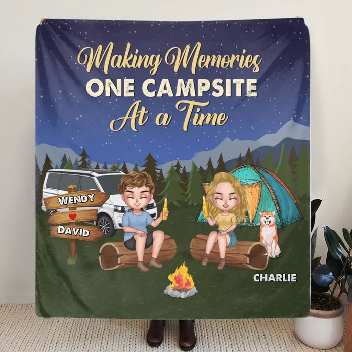 Personalized Camping Quilt/Single Layer Fleece Blanket - Gift Idea For Couple/Dog Lovers - Making Memories One Campsite At A Time