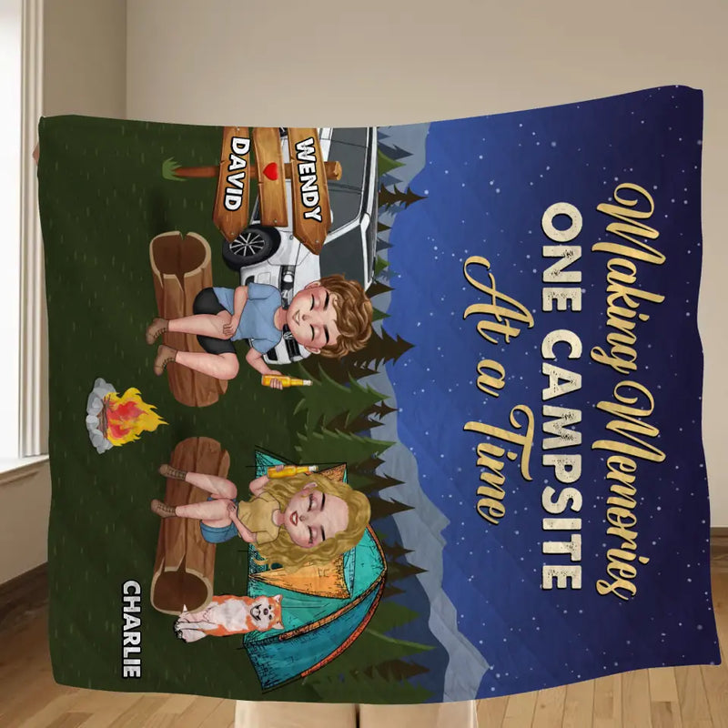 Personalized Camping Fleece Throw Blanket/Quilt - Gift Idea For Couple/Dog Lovers - Making Memories One Campsite At A Time