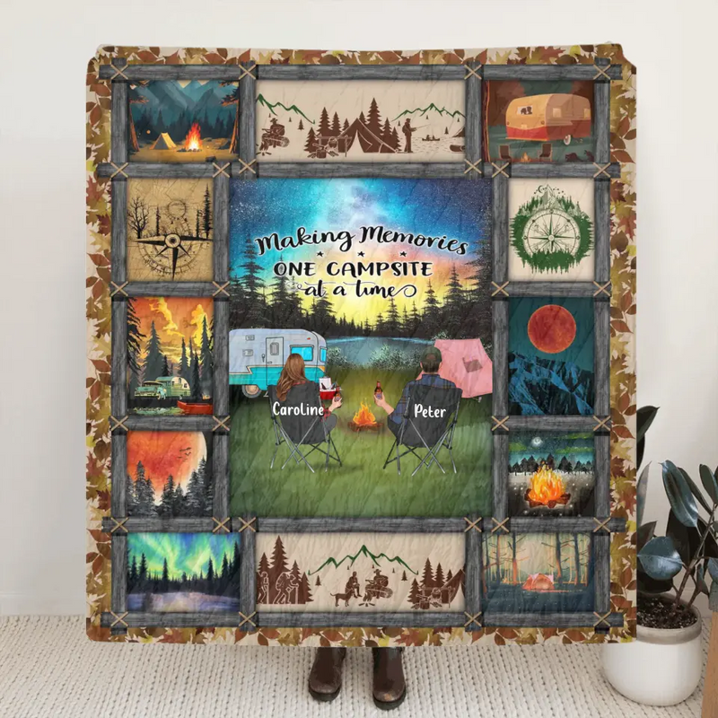 Personalized Camping Fleece Throw Blanket/Quilt - Gift Idea For Couple/Camping Lovers/Pet Lover - Making Memories One Campsite At A Time